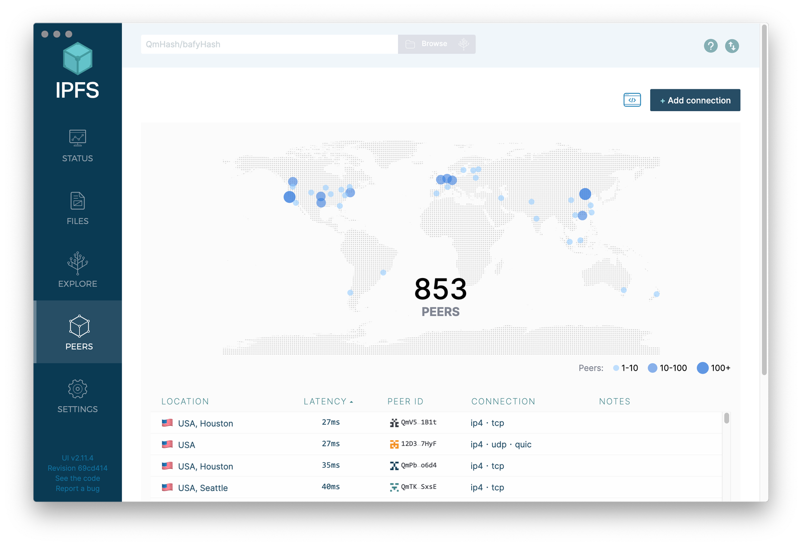Screenshot of the Peers screen